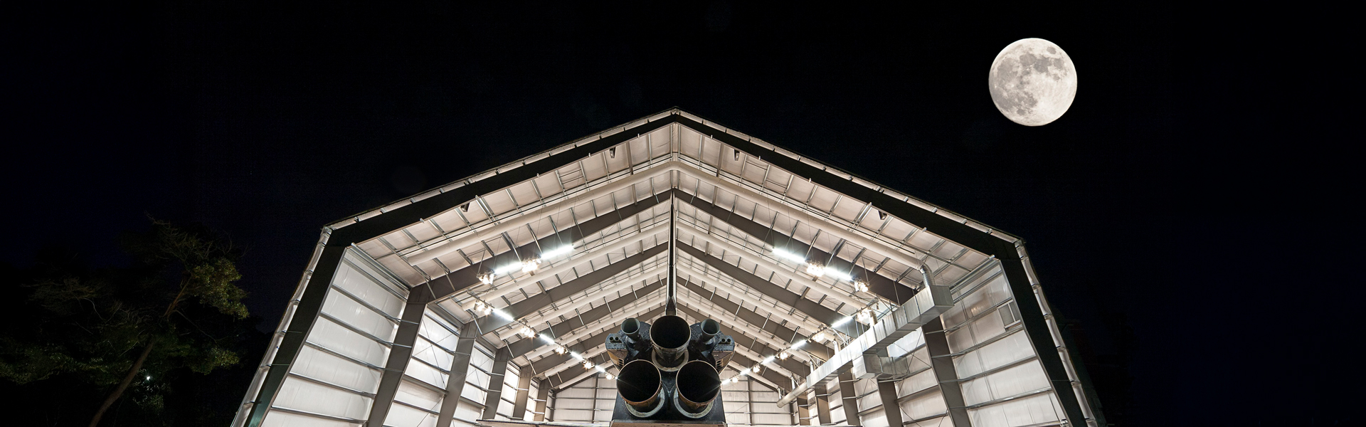 California Science Center steel-framed hangar entrance with roof trusses